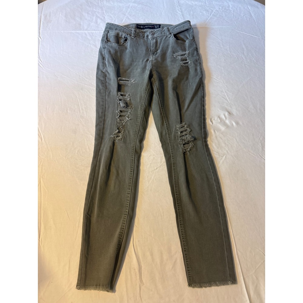 Vanilla Star Skinny Jeans Womens 9 Olive Green Distressed Raw Hem Mid Rise